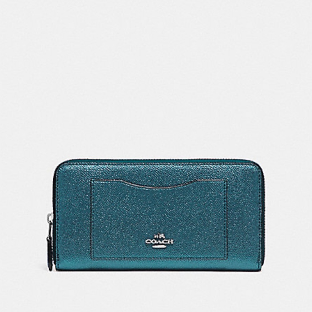 COACH accordion zip wallet crossgrain leather in metallic teal #F21068